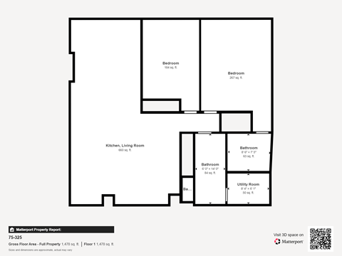 A floor plan of a property with a kitchen, living room, and two bathrooms.